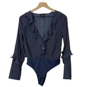 NUDE Polka Dot Ruffle Long Sleeve Thong Bodysuit - Blue - Small